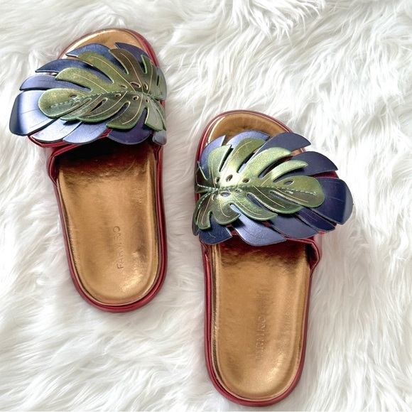 Farm Rio Bronze And Blue Monstera Anatomic Slide Sandal Size 10 - Picture 4 of 14